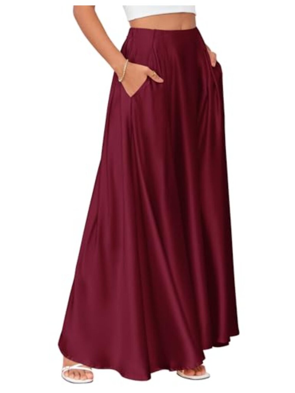 Women's High Waisted Maxi Satin A-Line Skirt with Pockets Long Floor Length
